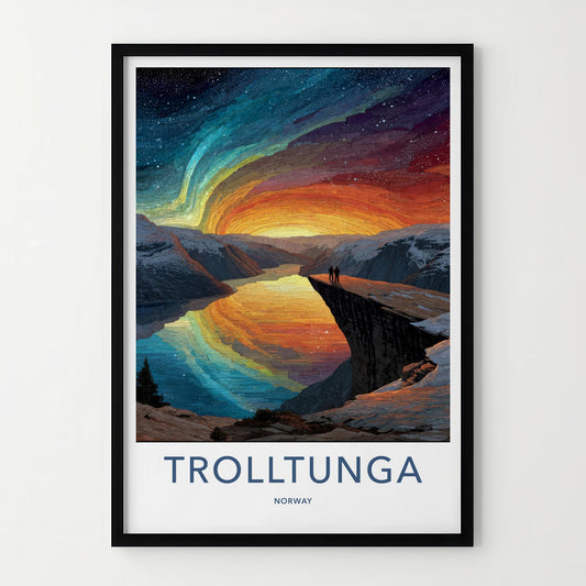 Trolltunga Poster - Norway Travel Art - Northern Lights Fjord Home Decor