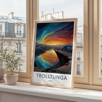 Trolltunga Poster - Norway Travel Art - Northern Lights Fjord Home Decor