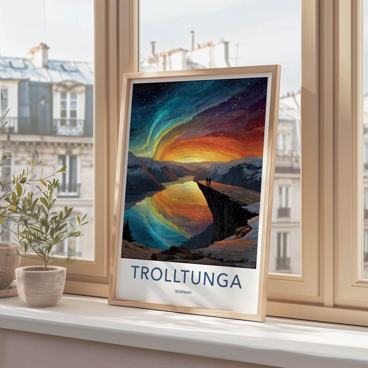 Trolltunga Poster - Norway Travel Art - Northern Lights Fjord Home Decor