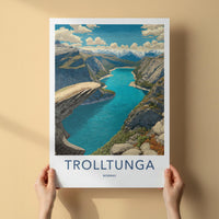 Trolltunga Poster - Norway Travel Art - Overhanging Rock Fjord Home Decor