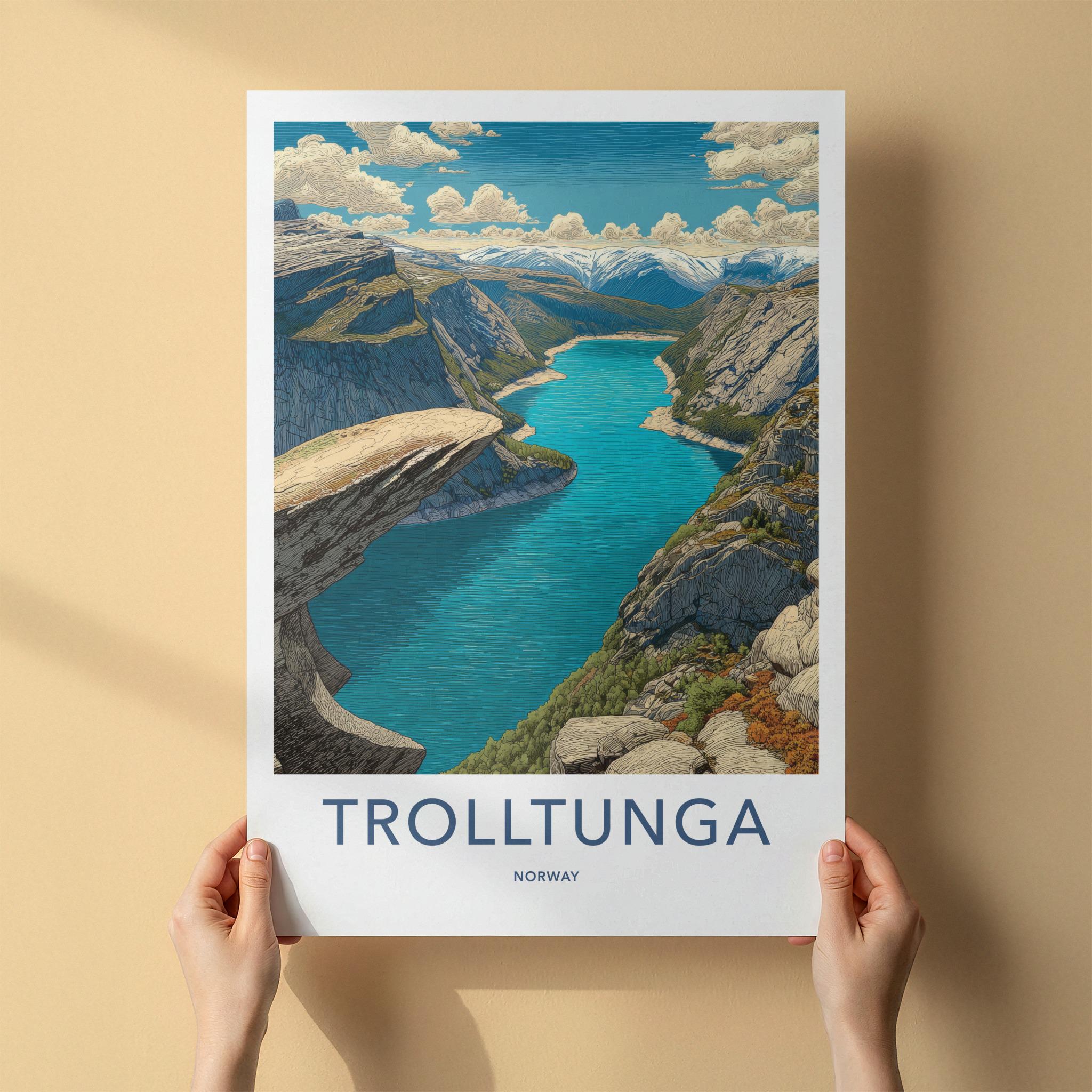 Trolltunga Poster - Norway Travel Art - Overhanging Rock Fjord Home Decor