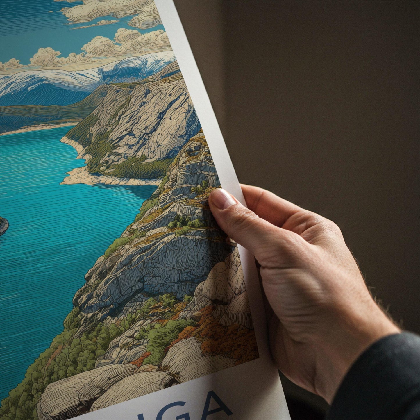 Trolltunga Poster - Norway Travel Art - Overhanging Rock Fjord Home Decor