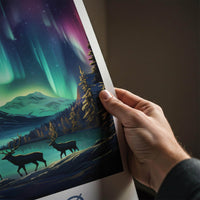 Tromsø Poster - Northern Lights Print with Reindeer & Mountain
