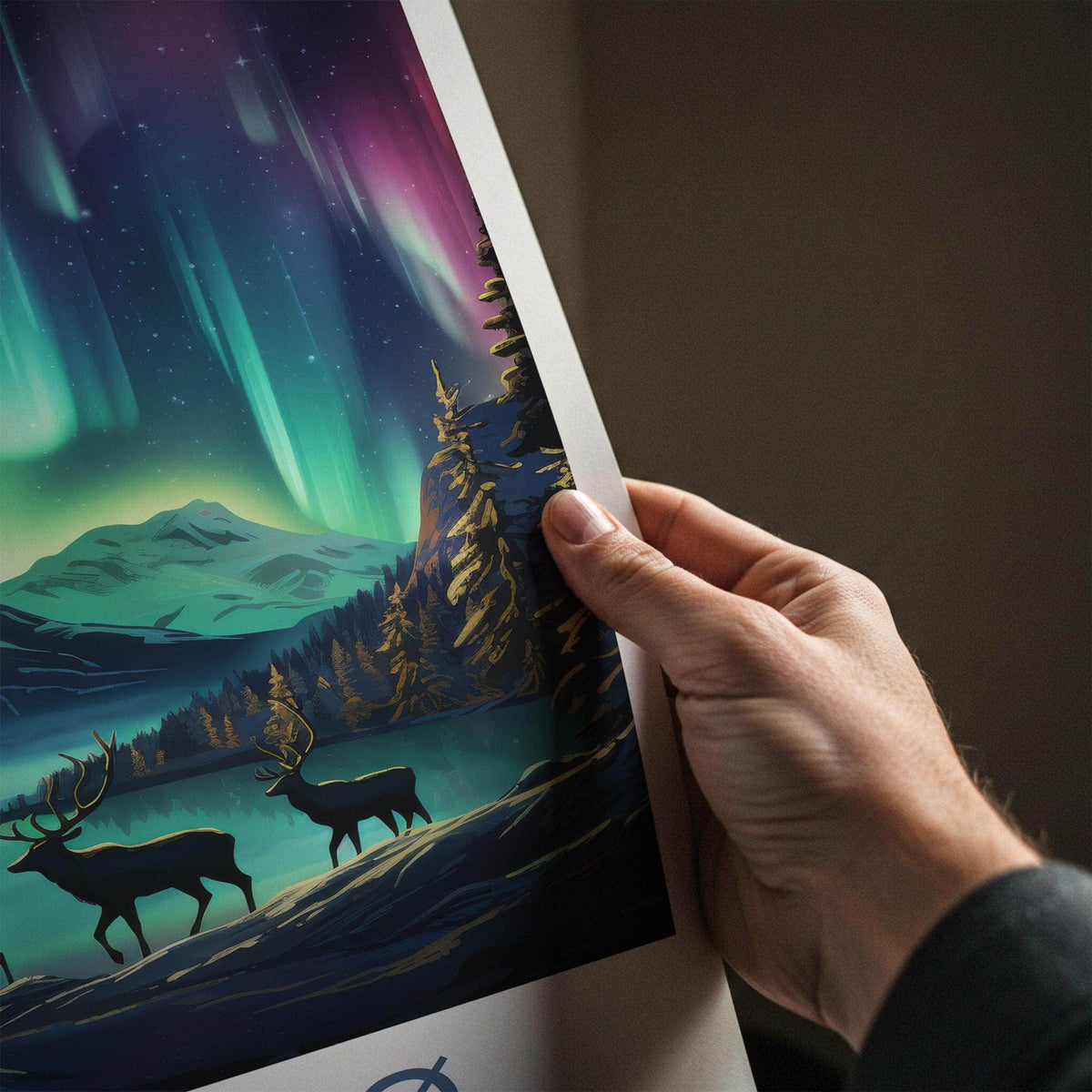 Tromsø Poster - Northern Lights Print with Reindeer & Mountain