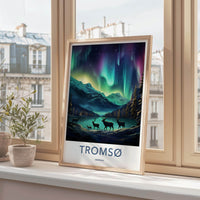 Tromsø Poster - Northern Lights Print with Reindeer & Mountain