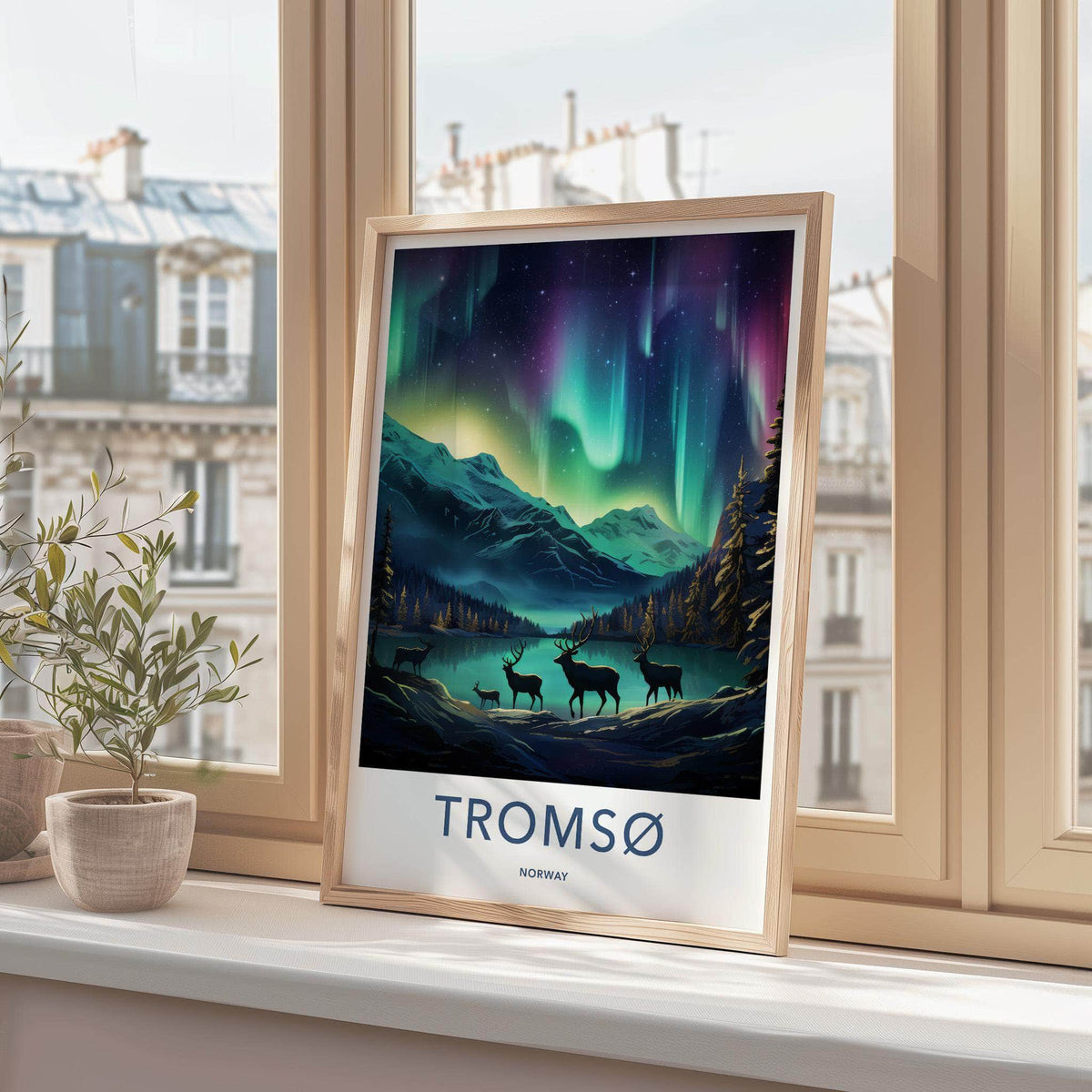 Tromsø Poster - Northern Lights Print with Reindeer & Mountain