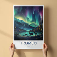 Tromsø Poster - Northern Lights Print with Reindeer & Mountain