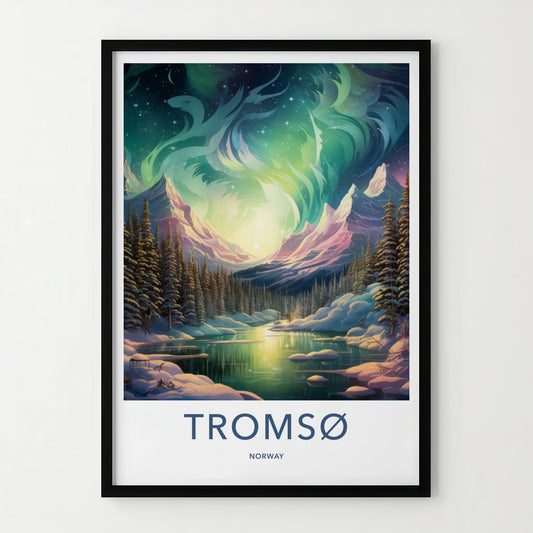 Tromso Poster - Norway Travel Art - Aurora Lake Landscape Home Decor