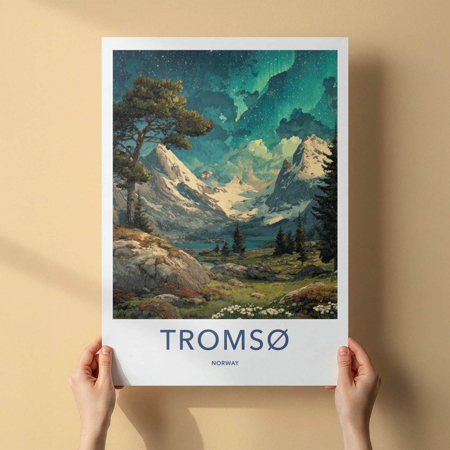 Tromso Poster - Norway Travel Art - Aurora Mountain Scene Home Decor