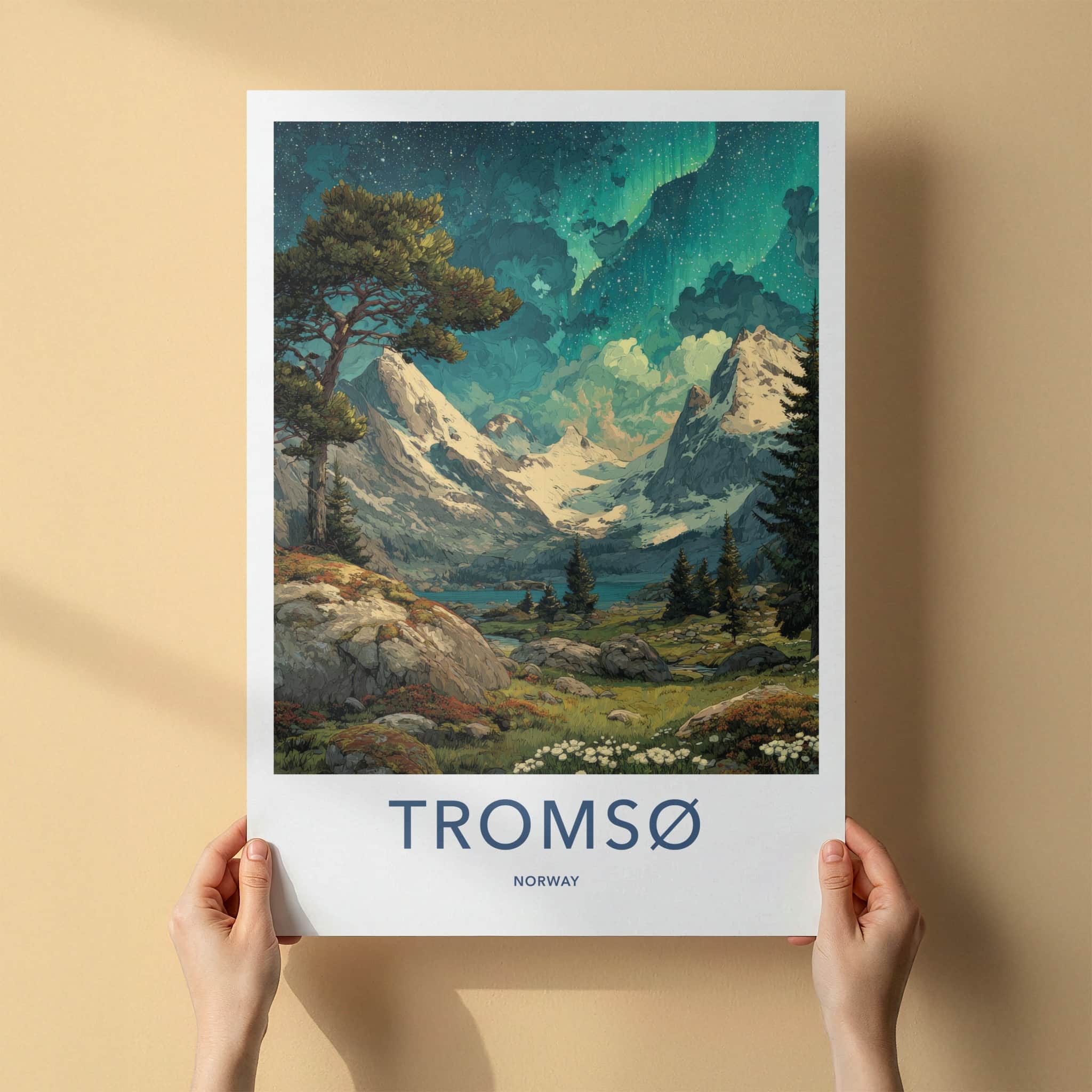 Tromso Poster - Norway Travel Art - Aurora Mountain Scene Home Decor