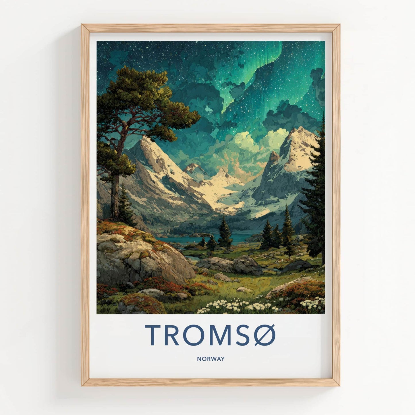 Tromso Poster - Norway Travel Art - Aurora Mountain Scene Home Decor
