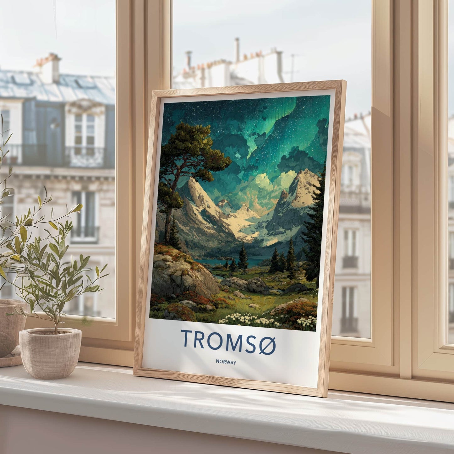Tromso Poster - Norway Travel Art - Aurora Mountain Scene Home Decor