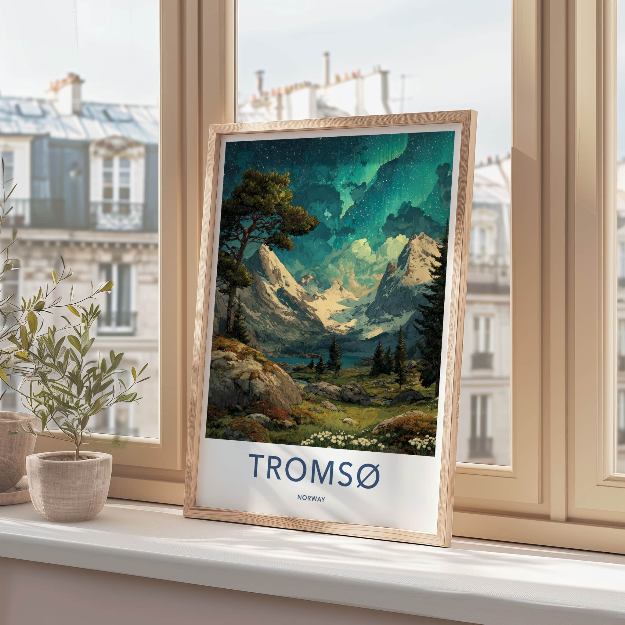 Tromso Poster - Norway Travel Art - Aurora Mountain Scene Home Decor
