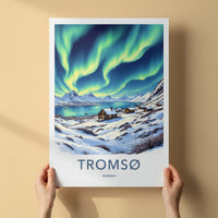 Tromso Poster - Norway Travel Art - Northern Lights Cabins Home Decor