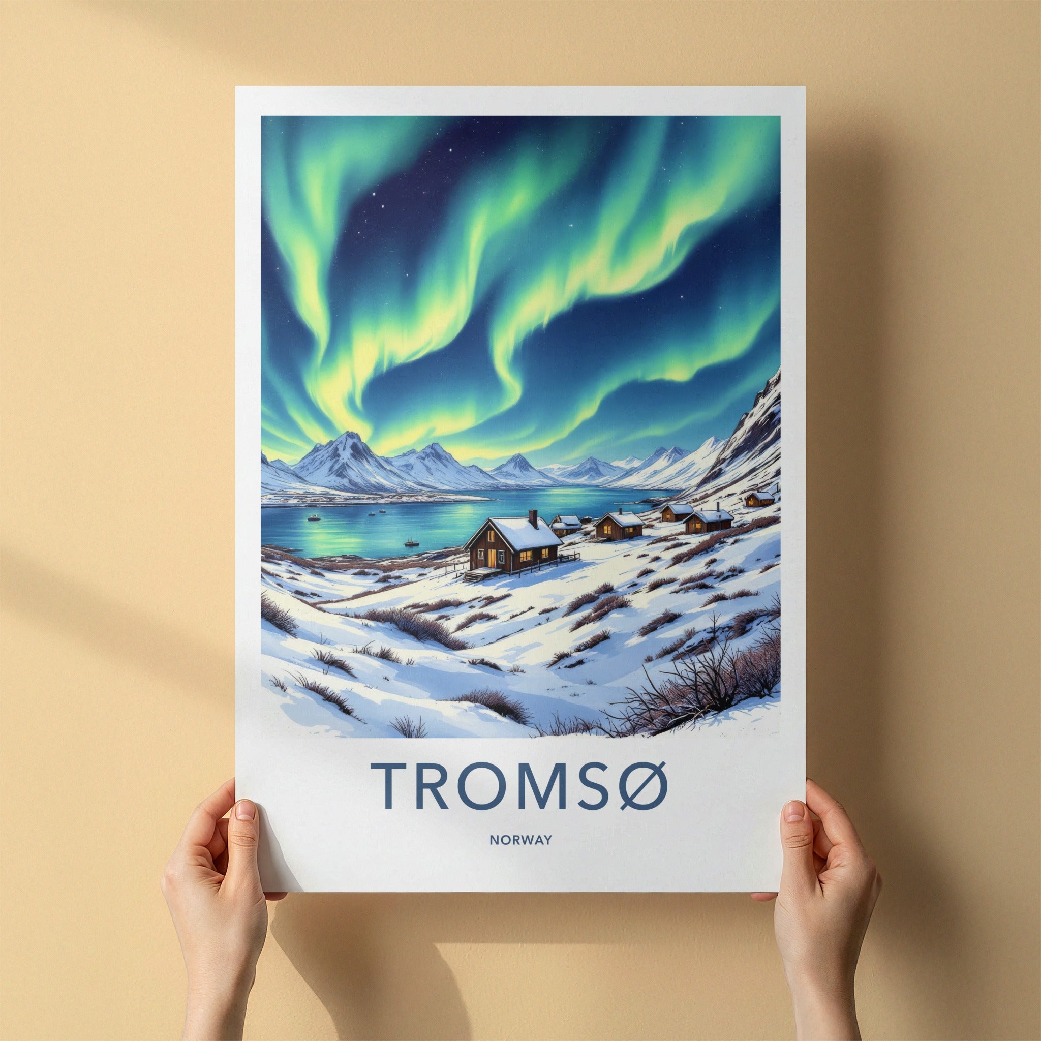 Tromso Poster - Norway Travel Art - Northern Lights Cabins Home Decor
