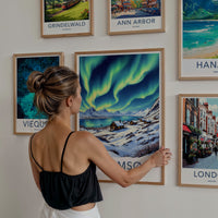 Tromso Poster - Norway Travel Art - Northern Lights Cabins Home Decor