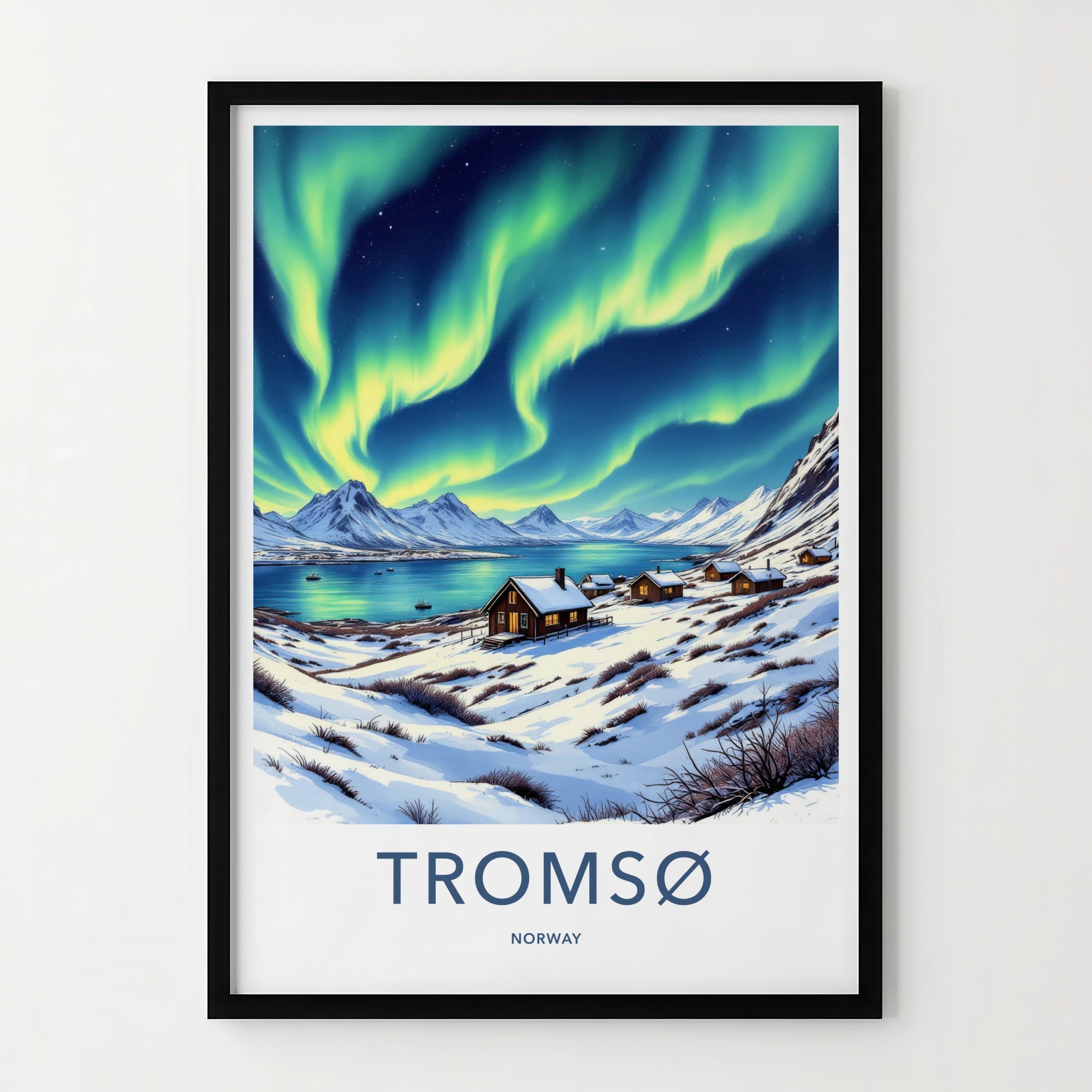 Tromso Poster - Norway Travel Art - Northern Lights Cabins Home Decor