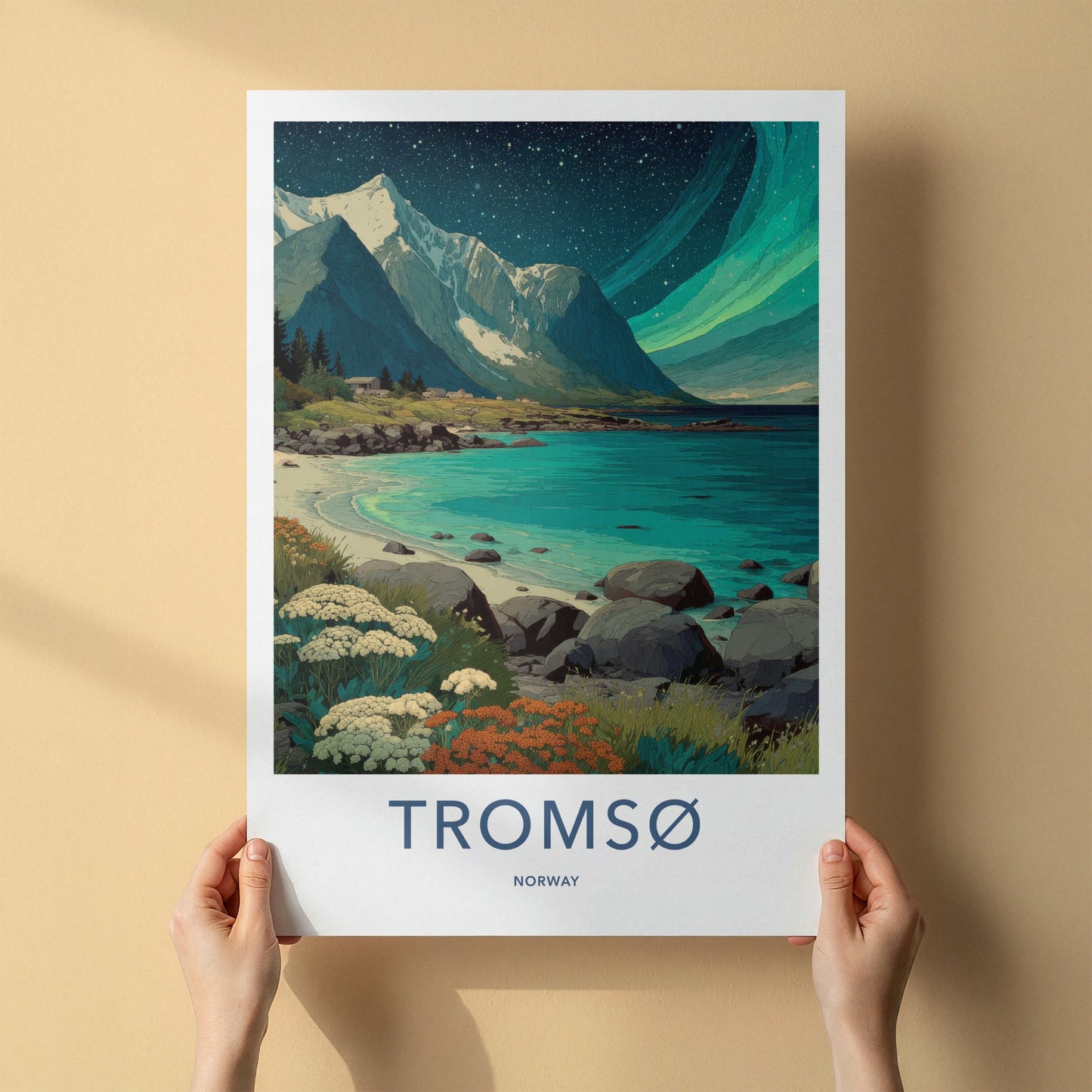 Tromso Poster - Norway Travel Art - Northern Lights Mountains Home Decor
