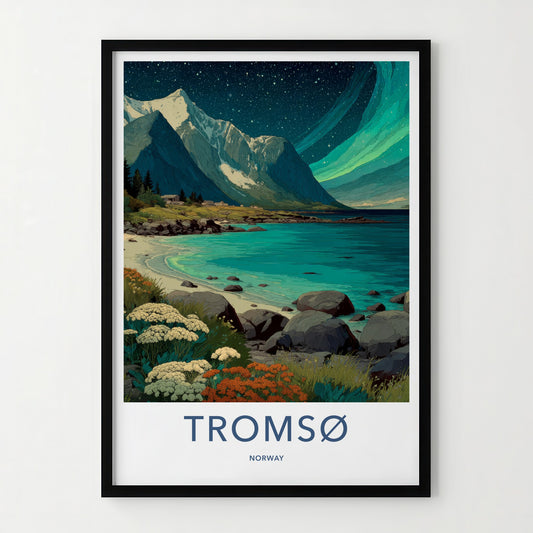 Tromso Poster - Norway Travel Art - Northern Lights Mountains Home Decor