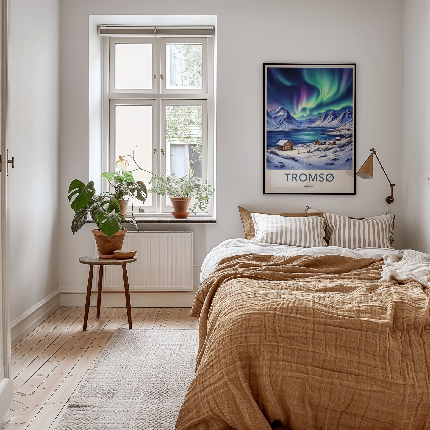 Tromso Poster - Norway Travel Art - Snowy Cabins Aurora Home Decor