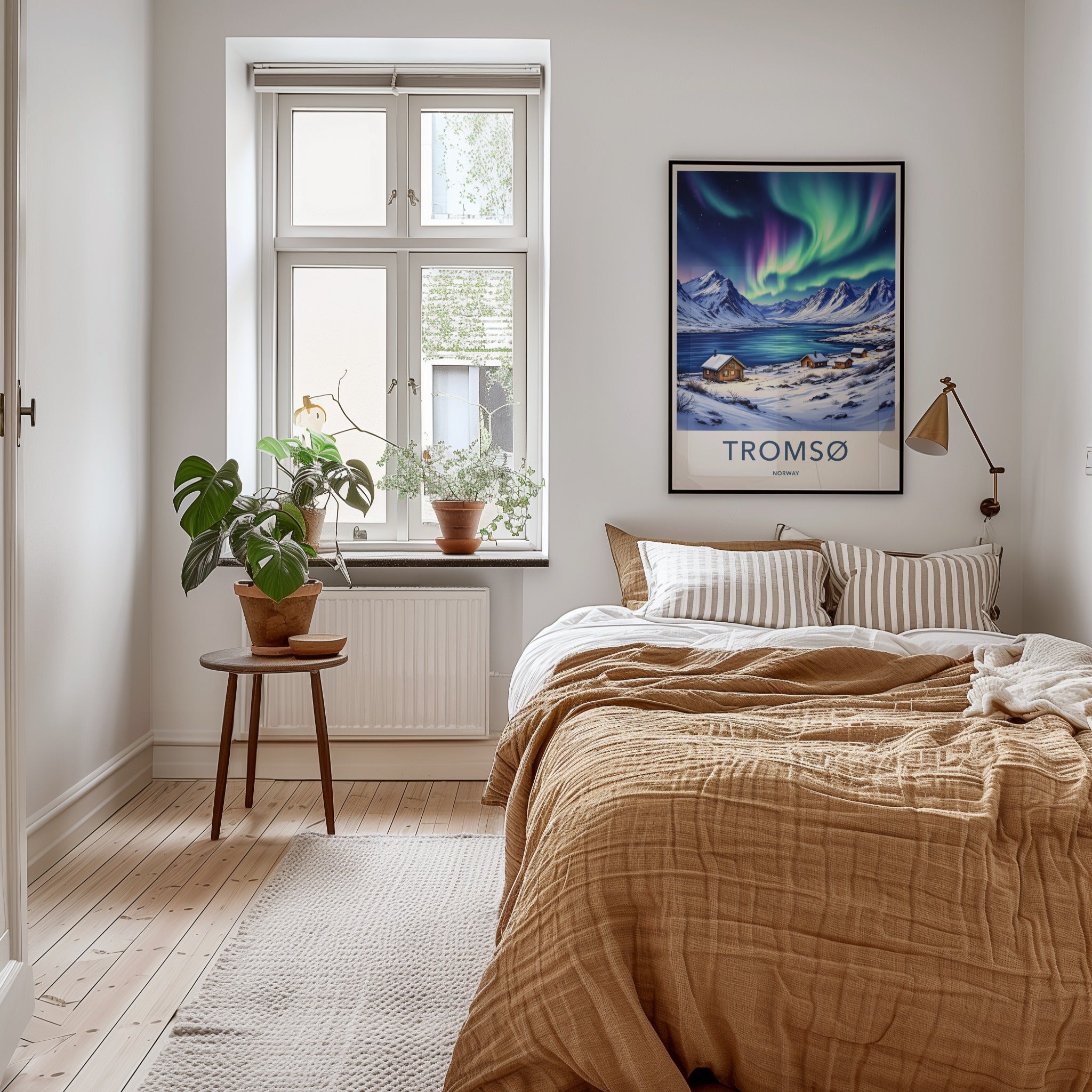 Tromso Poster - Norway Travel Art - Snowy Cabins Aurora Home Decor