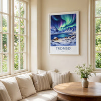 Tromso Poster - Norway Travel Art - Snowy Cabins Aurora Home Decor