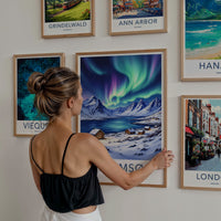 Tromso Poster - Norway Travel Art - Snowy Cabins Aurora Home Decor
