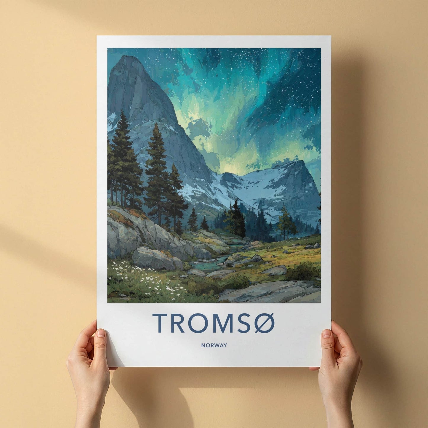 Tromso Poster - Norway Travel Art - Starlit Mountain Stream Home Decor
