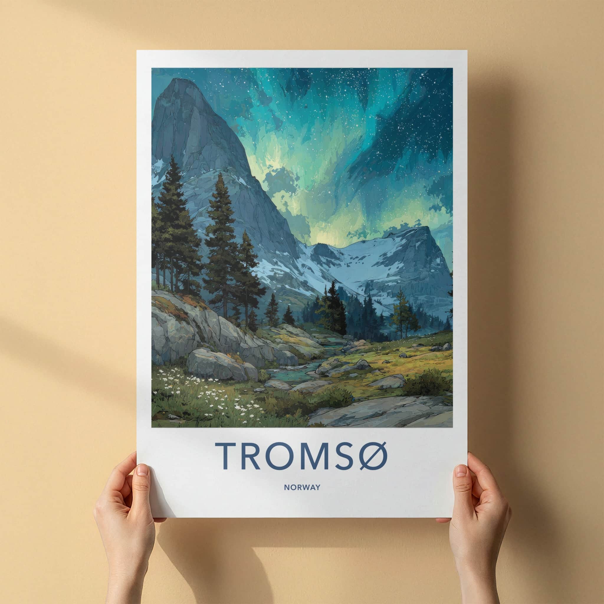 Tromso Poster - Norway Travel Art - Starlit Mountain Stream Home Decor