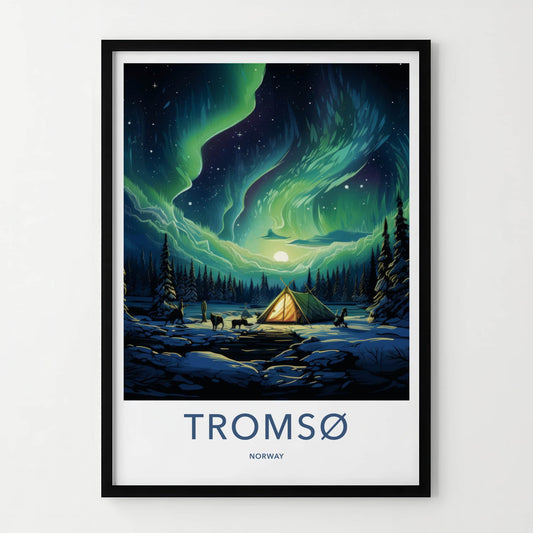 Tromso Poster - Norway Travel Art - Winter Aurora Camping Home Decor