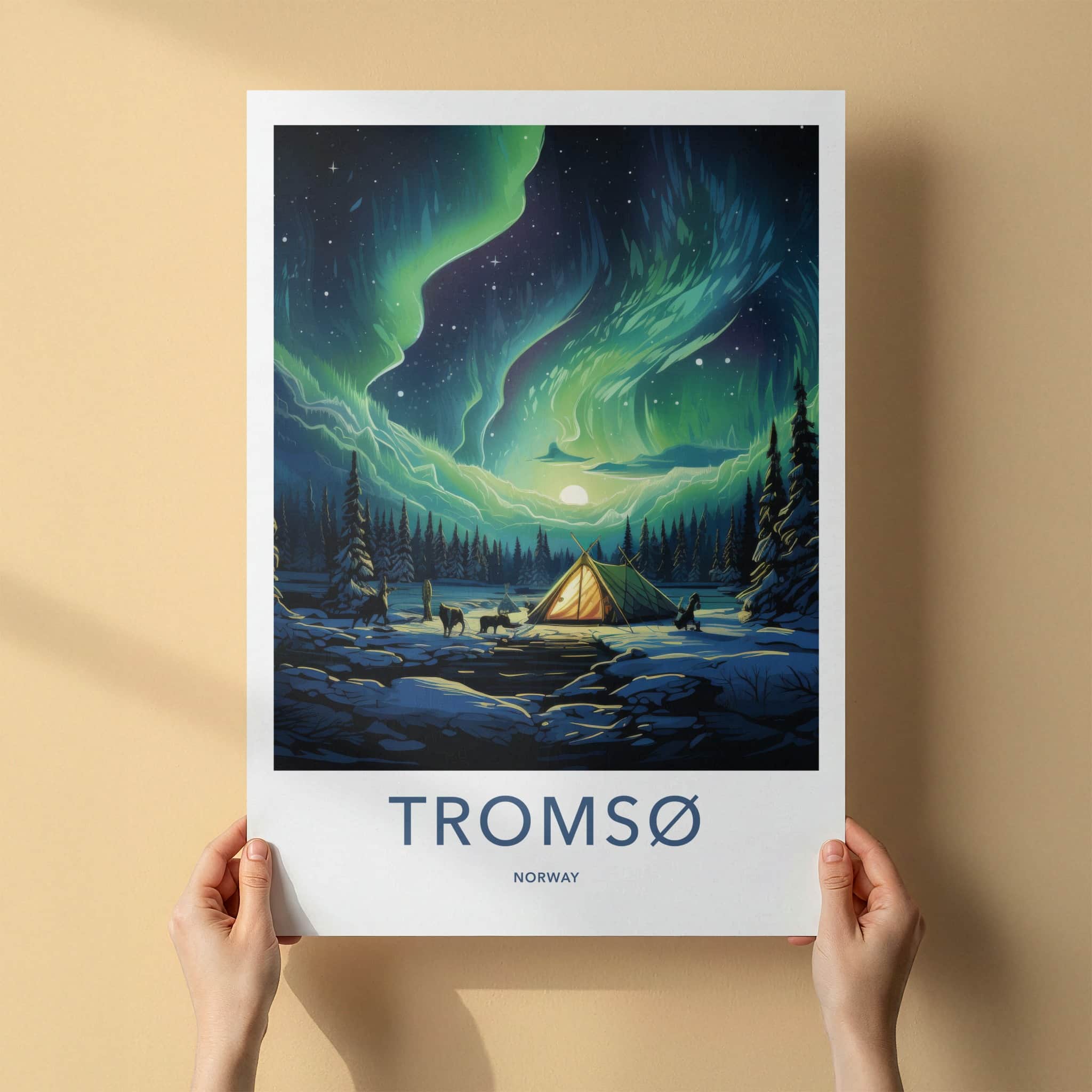 Tromso Poster - Norway Travel Art - Winter Aurora Camping Home Decor
