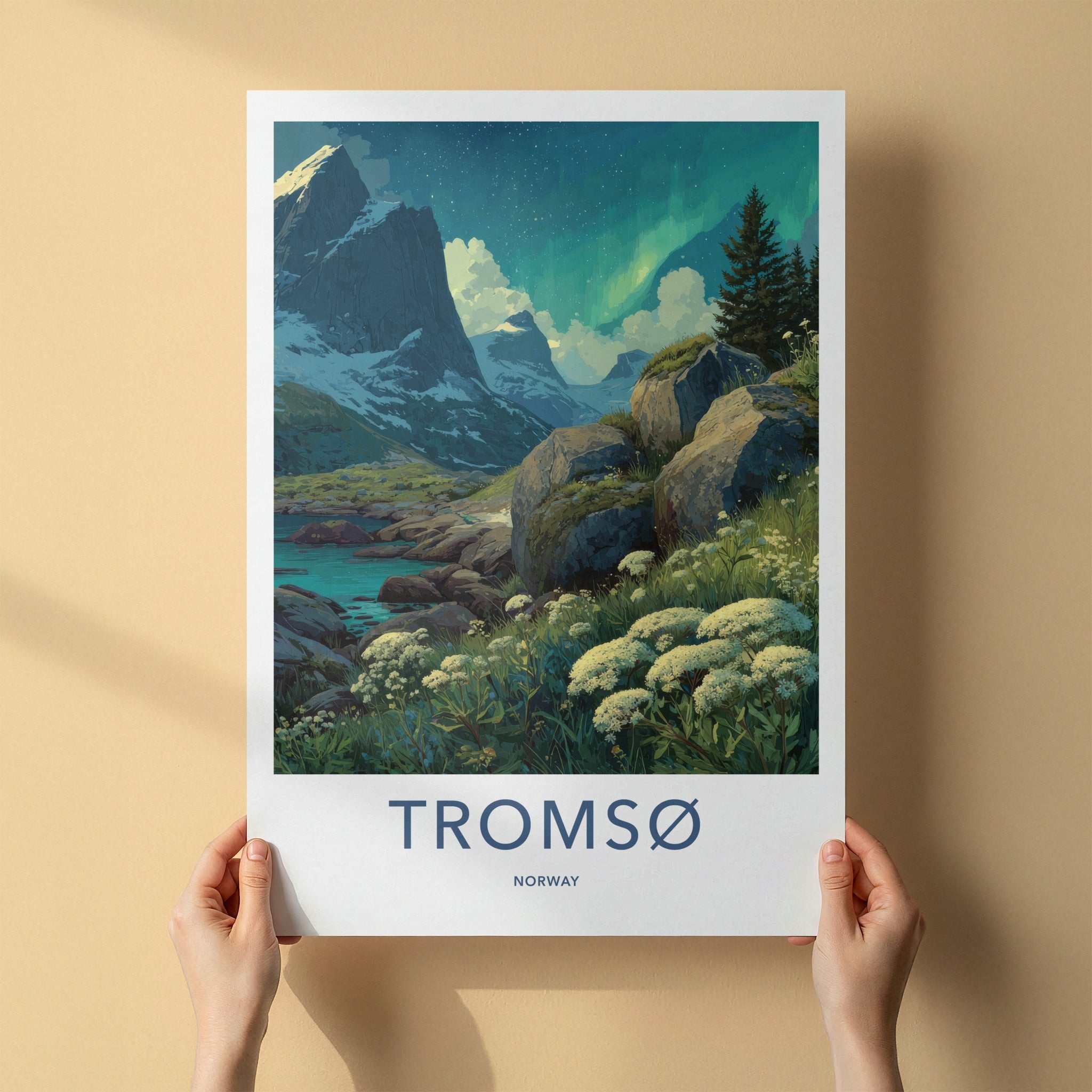 Tromso Poster - Norway Travel Print - Northern Lights River Wall Decor