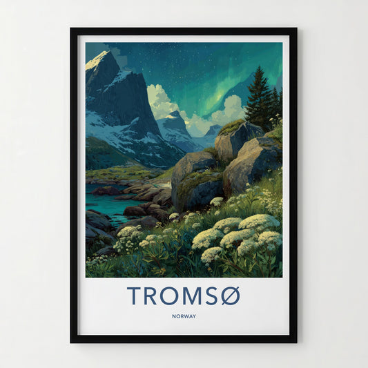 Tromso Poster - Norway Travel Print - Northern Lights River Wall Decor