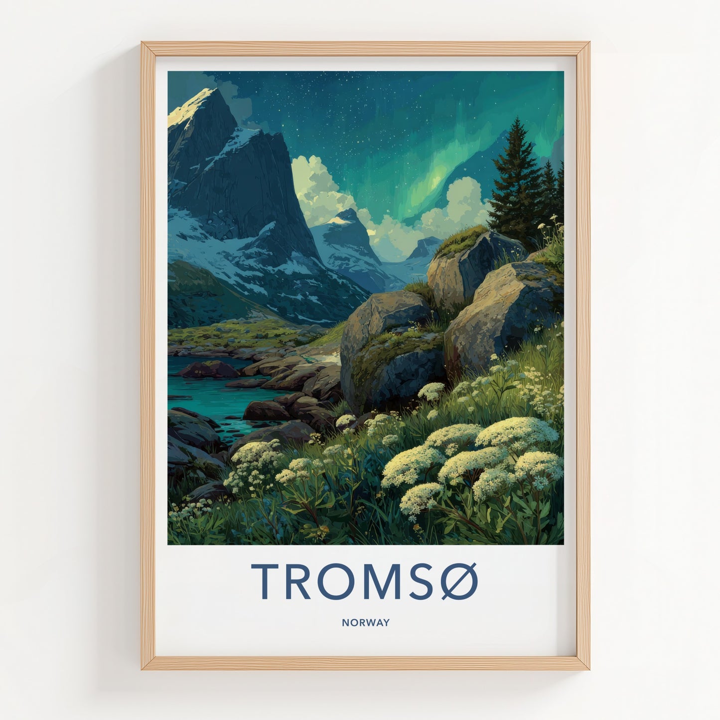 Tromso Poster - Norway Travel Print - Northern Lights River Wall Decor