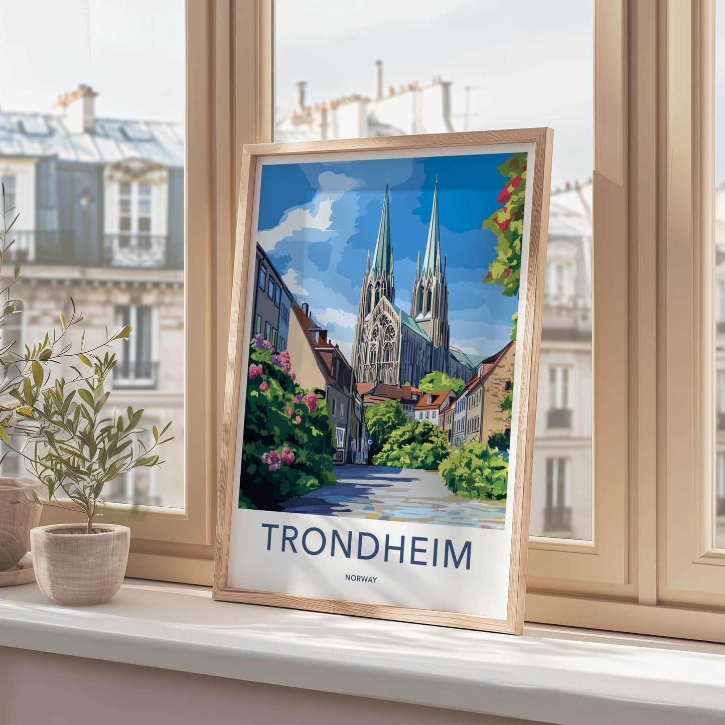 Trondheim Poster - Norway Travel Art - Gothic Cathedral Street Home Decor