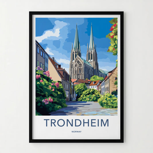 Trondheim Poster - Norway Travel Art - Gothic Cathedral Street Home Decor