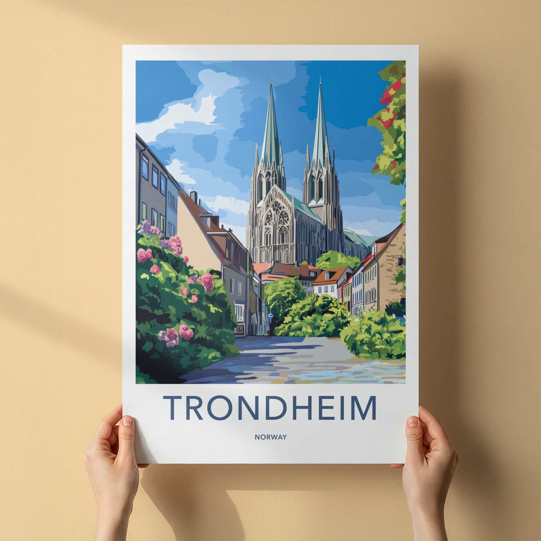 Trondheim Poster - Norway Travel Art - Gothic Cathedral Street Home Decor