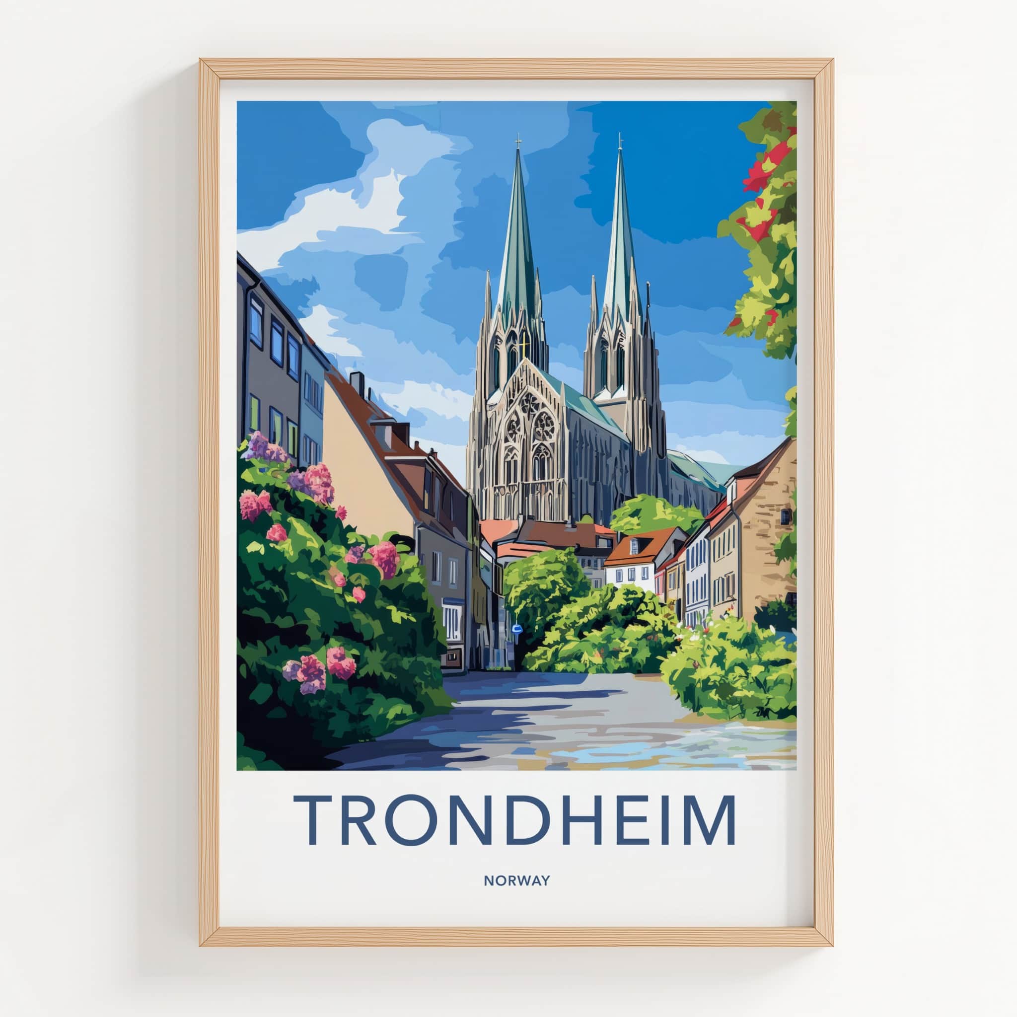 Trondheim Poster - Norway Travel Art - Gothic Cathedral Street Home Decor