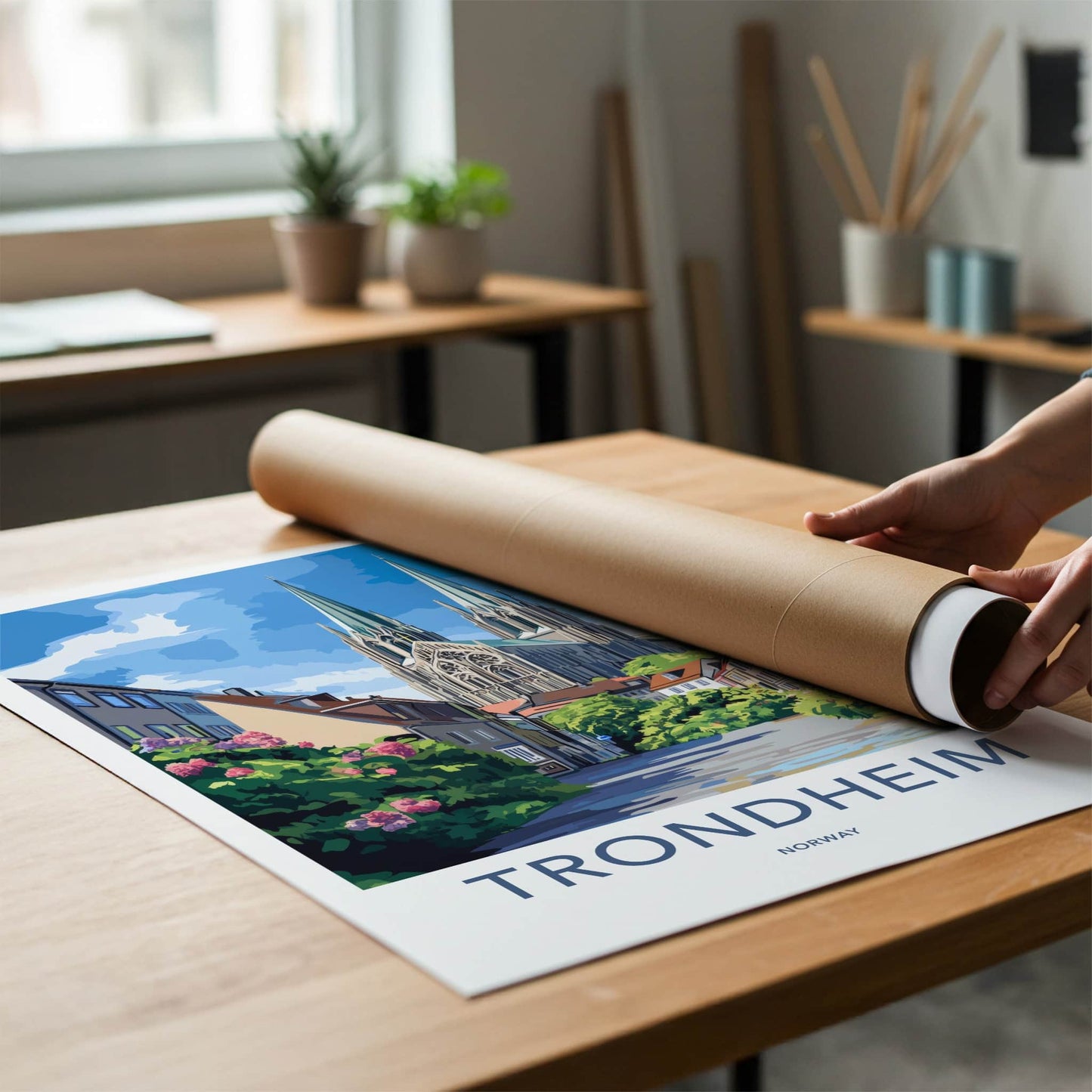 Trondheim Poster - Norway Travel Art - Gothic Cathedral Street Home Decor