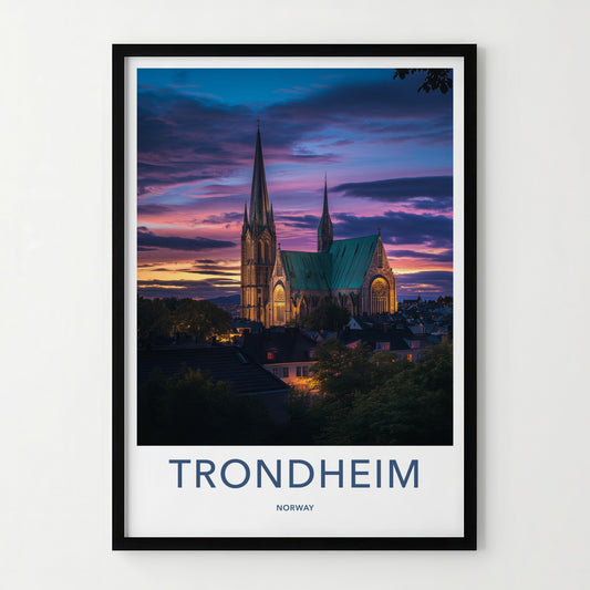 Trondheim Poster - Norway Travel Art - Historic Cathedral Sunset Wall Decor