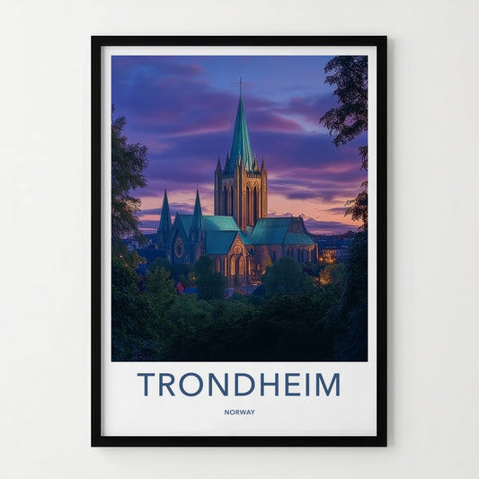Trondheim Poster - Norway Travel Art - Nidaros Cathedral Twilight Home Decor