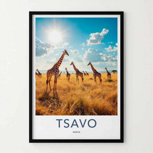 Tsavo Poster - Kenya Travel Art - Golden Savanna Giraffes Home Decor