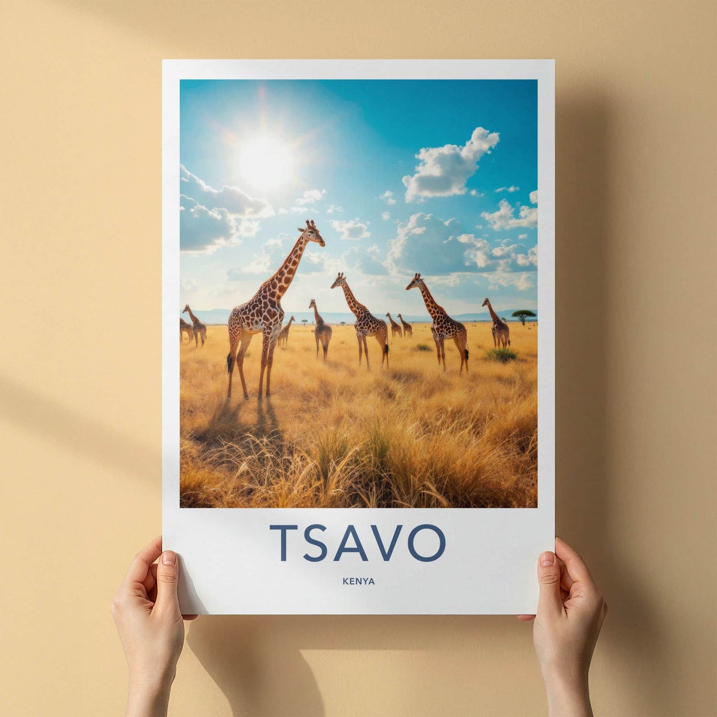 Tsavo Poster - Kenya Travel Art - Golden Savanna Giraffes Home Decor