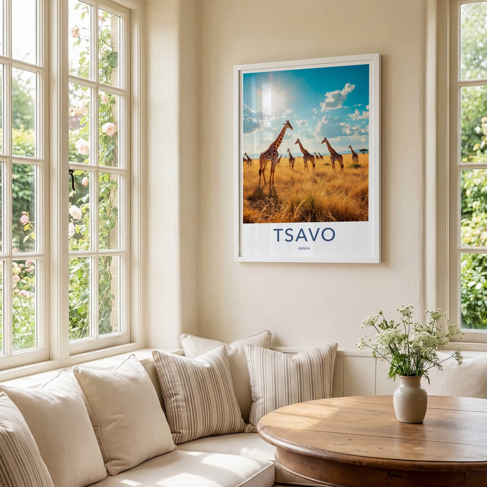 Tsavo Poster - Kenya Travel Art - Golden Savanna Giraffes Home Decor