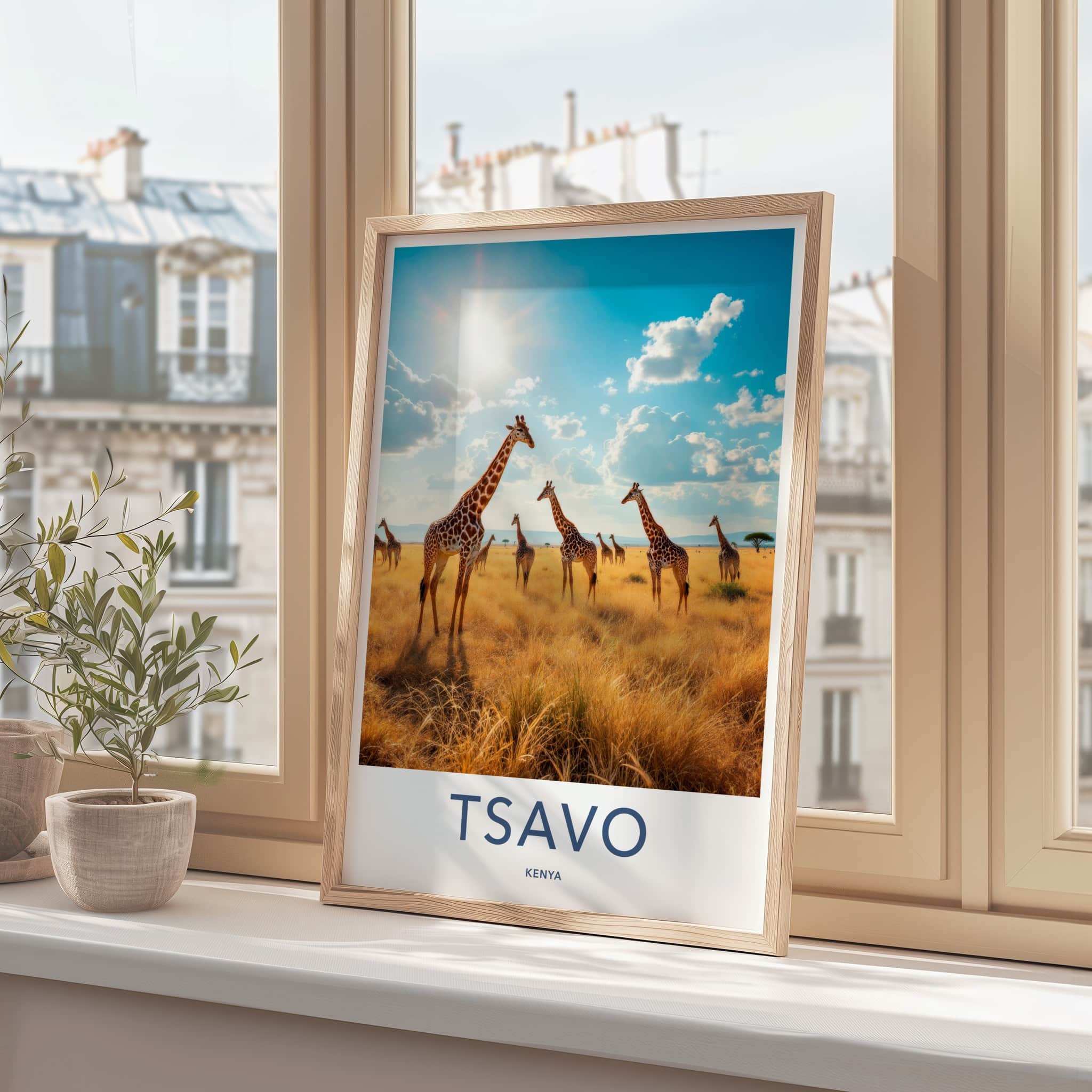 Tsavo Poster - Kenya Travel Art - Golden Savanna Giraffes Home Decor