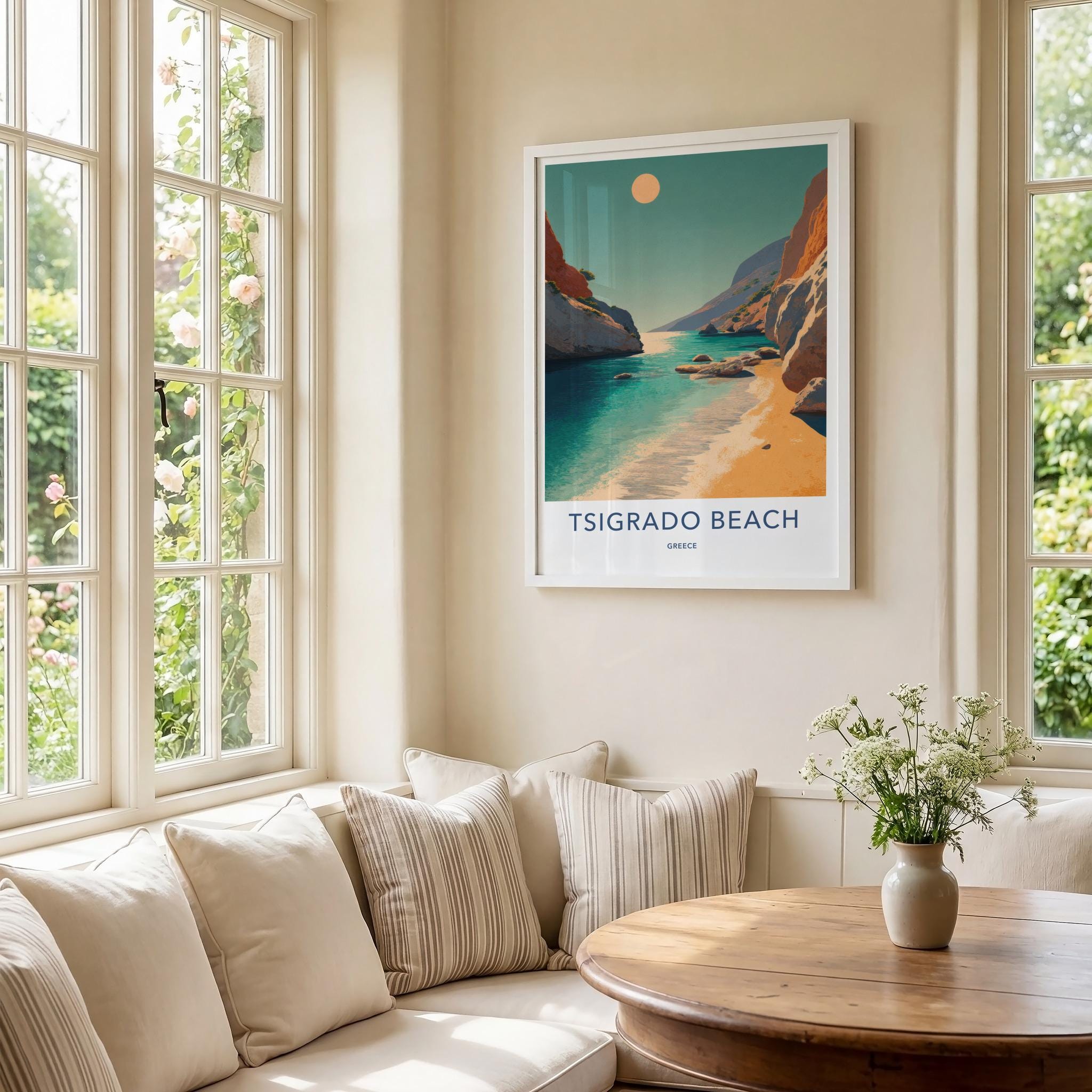 Tsigrado Beach Poster - Greece Travel Art - Turquoise Water Cliffs Home Decor