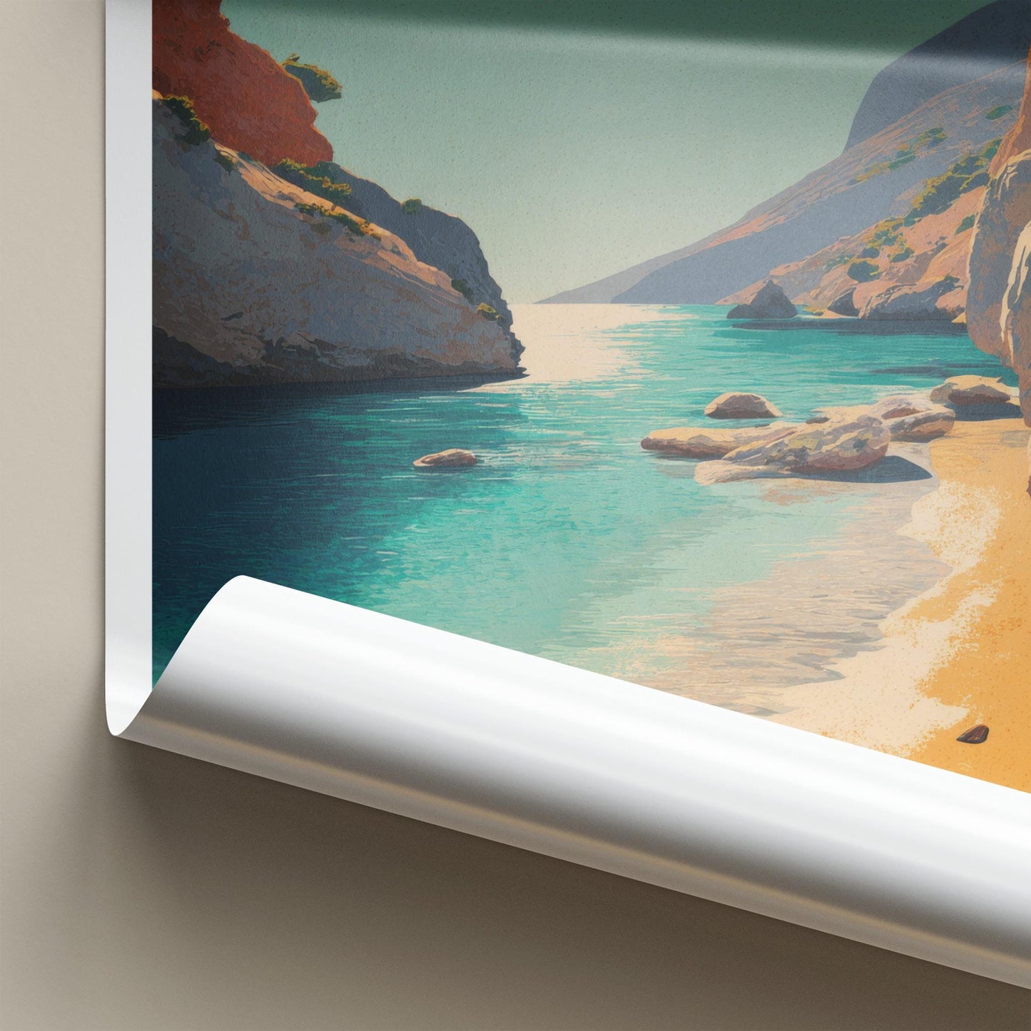 Tsigrado Beach Poster - Greece Travel Art - Turquoise Water Cliffs Home Decor