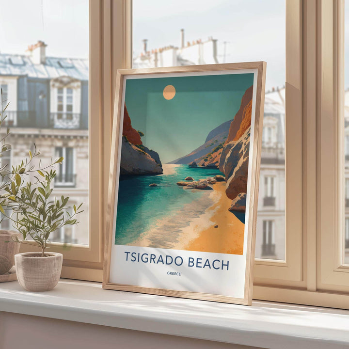 Tsigrado Beach Poster - Greece Travel Art - Turquoise Water Cliffs Home Decor