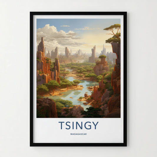 Tsingy Poster - Madagascar Travel Art - Jagged Peaks River Wall Decor