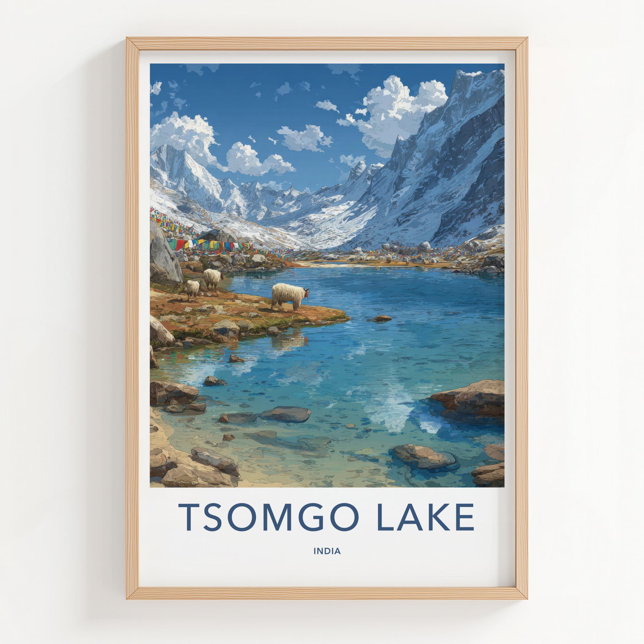 Tsomgo Lake Poster - India Travel Art - Sikkim Lake Mountain Yaks Home Decor